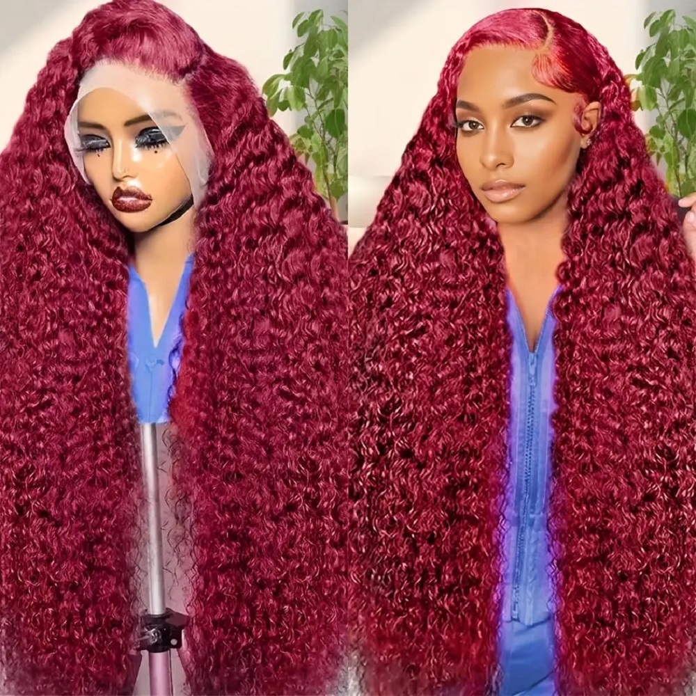 Lace Front Wig - 200 Yoğunluklu Bordo Derin Dalgalı Gerçek